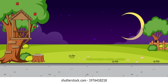 Empty park nature scene at night in simple style illustration