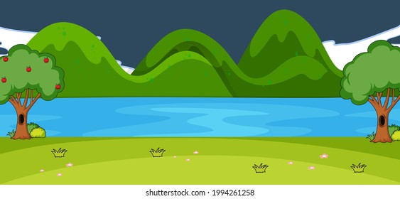 Empty park nature scene at night in simple style illustration