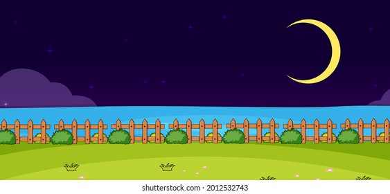 Empty park nature scene at night in simple style illustration