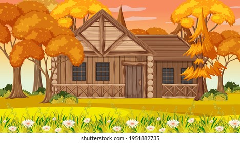 Empty park nature scene at sunset time with a wooden house illustration