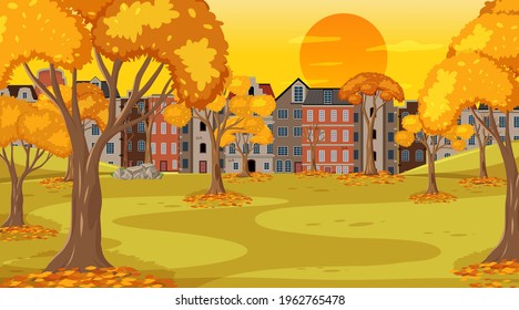 Empty park nature scene at sunset time, illustration