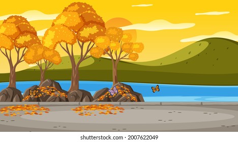 Escena natural de parque vacío al atardecer con ilustración del río