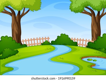 Empty park scene with many trees and river at day time illustration
