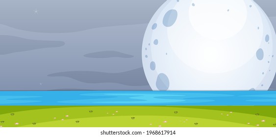 Escena de parque vacía en la noche con la luna grande en una simple ilustración de estilo