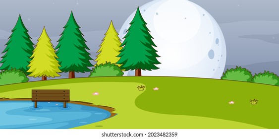 Empty park scene at night with the big moon in simple style illustration