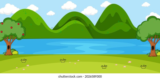 Escena de parque vacío con río y montaña en ilustración de estilo simple
