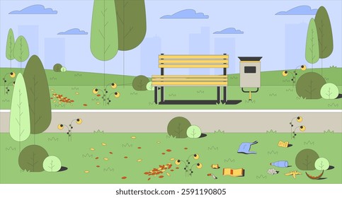 Empty park scene with wooden bench, trash bin and scattered litter flat illustration background. Urban nature environmental issue 2D landscape cartoon backdrop. Colorful scene vector art image