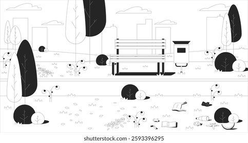 Empty park scene with wooden bench, trash bin and scattered litter line illustration backdrop. Urban nature environmental issue 2D ink outline landscape monochrome background. Lineart vector