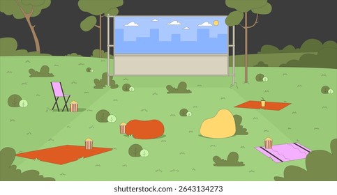Empty park setup with outdoor movie screen and seating flat illustration background. Popcorn bean bags. Open-air projector screen at summer night 2D cartoon backdrop. Colorful scene vector art image