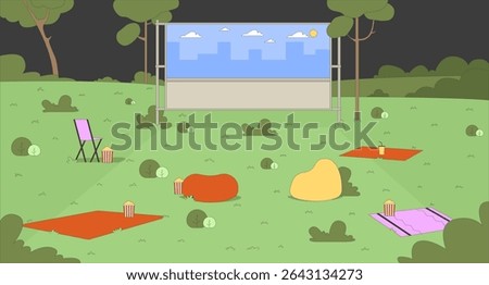 Empty park setup with outdoor movie screen and seating flat illustration background. Popcorn bean bags. Open-air projector screen at summer night 2D cartoon backdrop. Colorful scene vector art image