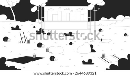 Empty park setup with outdoor movie screen and seating line illustration backdrop. Popcorn bean bags. Open-air projector screen at summer night 2D ink outline monochrome background. Lineart vector