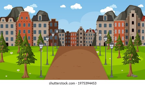 Empty park in the town scene at day time illustration