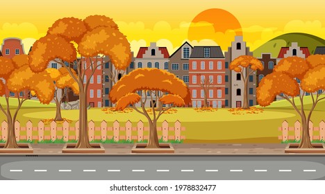Empty park in the town scene at sunset time illustration