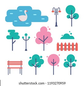 Empty park with trees, bench and street light cartoon vector set. Wooden bank and fence and green plants, bush and shrub, swan swimming in pond icons