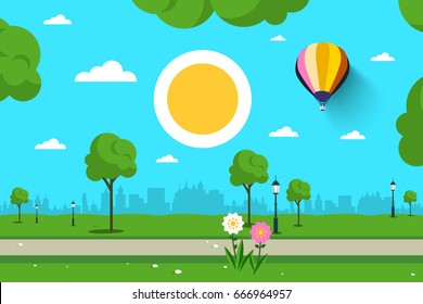 Empty Park. Vector Nature Scene. City, Sun and Hot Air Balloon.