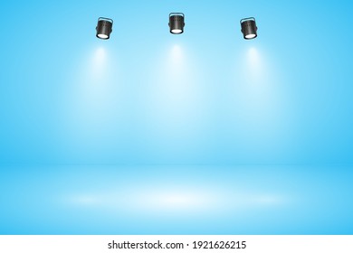Empty pastel blue studio abstract background with spotlight effect. Product showcase backdrop. Stage lighting. Vector illustration.