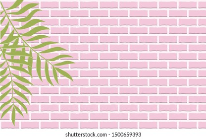 empty pastel pink brick wall and leaves. vector illustration.