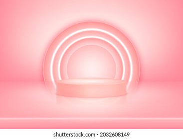 El fondo abstracto de la sala de estudio en color rosa pastel y la luz iluminada con lámparas de neón con podio, peatón escénico moderno. Pantalla de producto con espacio para mostrar. Vector 3D.