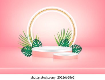 El fondo abstracto de la sala de estudio en color rosa pastel y la luz iluminada con lámparas de neón con hojas verde podio, velador escénico moderno. Presentación del producto. Vector 3D.