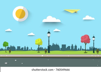 Empty Path on Park. City Landscape. Vector Urban Scene.