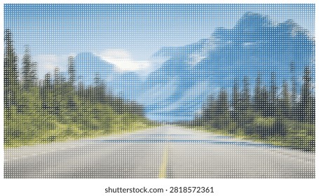 Empty paved highway running through lush pine forest towards giant rocky mountains. Summer travel road trip scenery with clear blue sky and greenery.