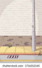 Empty Pavement With House Wall And Street Lamp. Hand Drawn Vector Illustration With Separate Layers.