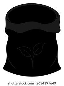 Empty peat bag. Soil bag. Silhouette. Vector illustration. Isolated white background. Sprout with leaves outline on the label. Cartoon style. Web design idea.