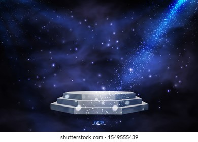 Empty pedestal or platform illuminated by spotlights. Stage with scenic lights. Realistic 3D podium on show background. Vector illustration.