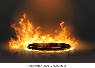 Empty pedestal standing on reflective surface surrounded by vibrant, orange fire and bright light