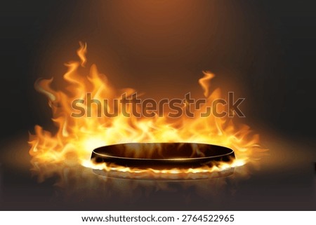 Empty pedestal standing on reflective surface surrounded by vibrant, orange fire and bright light