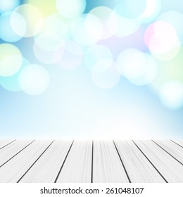Empty perspective room with sparkling bokeh wall and wooden plank floor. Template mock up for display of your product.