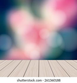 Empty perspective room with sparkling bokeh wall and wooden plank floor. Template mock up for display of your product.