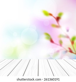 Empty perspective room with sparkling bokeh wall and wooden plank floor. Template mock up for display of your product.