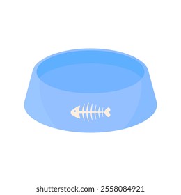 Empty pet bowl in blue for a boy with an image of a fish skeleton in cartoon style on a white background. Bowl for dogs and cats