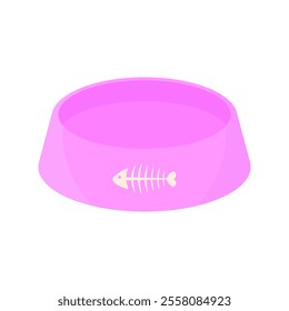 Empty pet bowl in pink for a girl with an image of a fish skeleton in cartoon style on a white background. Bowl for dogs and cats