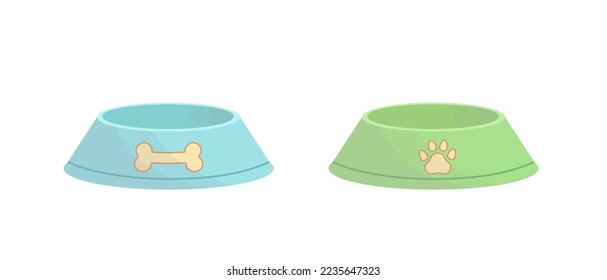 Empty pet bowls for dog. Pair of blue and green bowls with pic of paw print and bone. Flat, cartoon. Isolated vector illustration eps 10