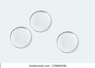 Empty Petri dishes isolated realistic vector illustration, top view. Concept laboratory tests and research. Transparent chemistry glassware on light blue background