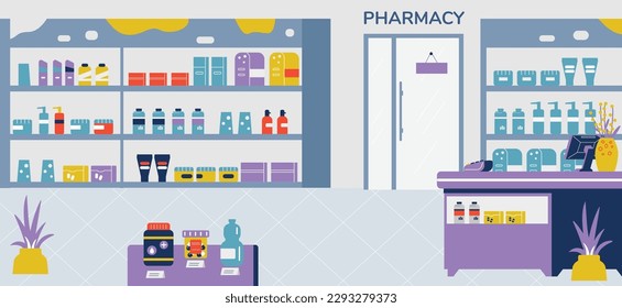 Empty pharmacy store, flat vector illustration. Shelves with vitamins and medications. Cashier desk or counter. Drugstore interior. Concept of healthcare.