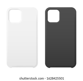 Empty Phone Black And White Cover Smartphone Blank Case Mockup Designs Isolated On White. Simple Cellphone Accessories To Protect From Mechanical Damage. Protective Mobile Items. Vector Illustration