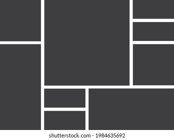 Empty photo frame collage of nine parts. Poster frame mockup. Vector template photo collage. Board and branding presentation template design.