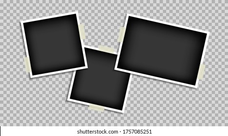 Empty photo frame glued with transparent adhesive tape. Black blank space for text or photo. Realistic detailed photo template design icon.