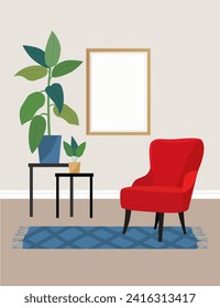 Empty photo frame for mockup in interior with red chair and plants. Classic interior with a mock-up picture on the wall. Vector illustration.