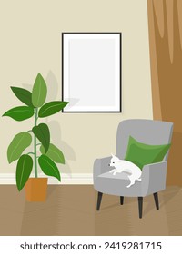 Marco fotográfico vacío para burlarse en el interior con silla gris, perro y plantas. Interior clásico con un cuadro simulado en la pared. Ilustración vectorial.