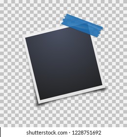 Empty photo frame on a transparent background. Blue scotch tape. Vector illustration.