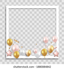 Empty Photo Frame with Party Holliday Balloons Template for Media Post  in Social Network. Vector Illustration