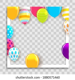 Empty Photo Frame with Party Holliday Balloons Template for Media Post  in Social Network. Vector Illustration