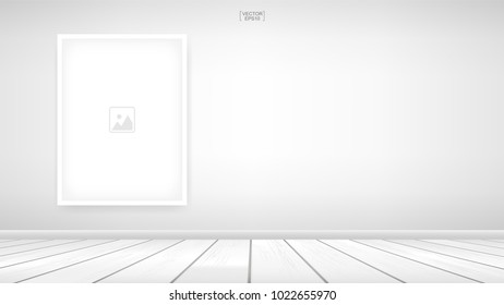Empty photo frame or picture frame background in room space area with white wall background and wooden floor. Vector idea for room design and interior decoration.