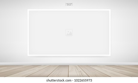 Empty photo frame or picture frame background in room space area with white wall background and wooden floor. Vector idea for room design and interior decoration.