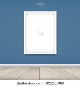 Empty photo frame or picture frame background in room space area with concrete wall background and wooden floor. Vector idea for room design and interior decoration.