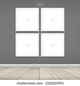 Empty photo frame or picture frame background in room space area with concrete wall background and wooden floor. Vector idea for room design and interior decoration.
